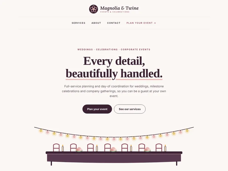 Homepage of the Magnolia & Twine Events sample site