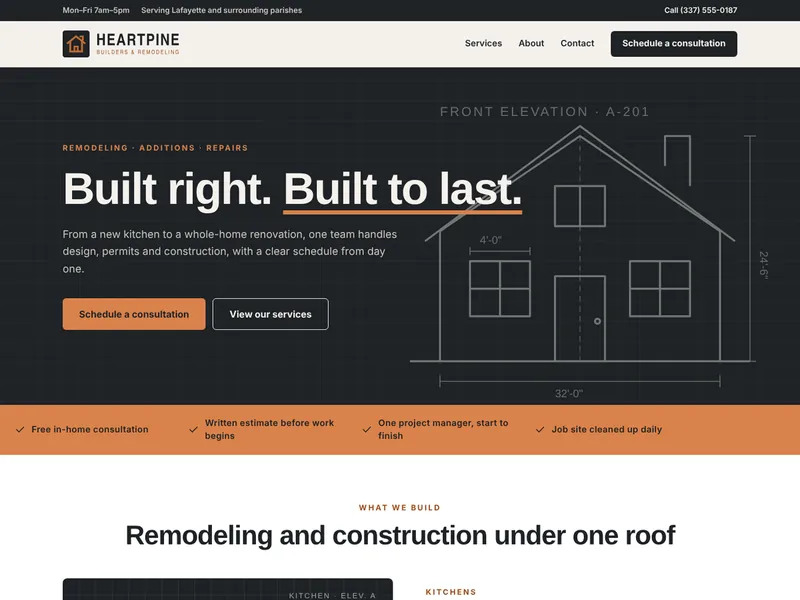 Homepage of the Heartpine Builders sample site